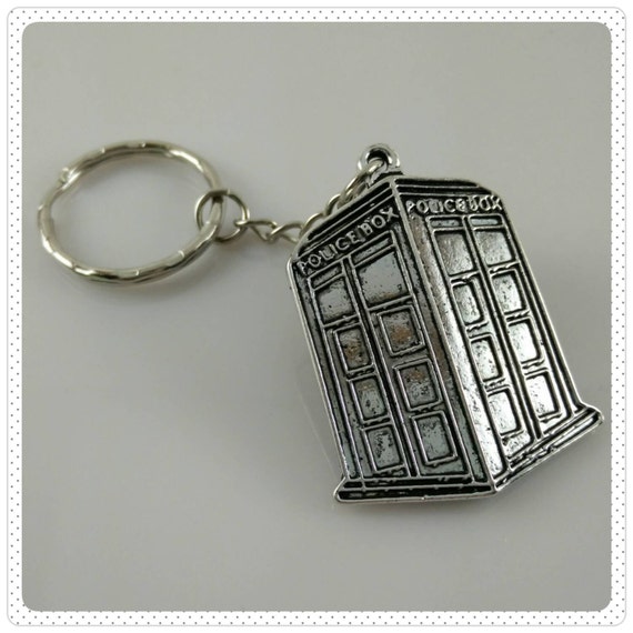 Dr Who Inspiration: Silver Tardis Phone Box Charm Key Ring.