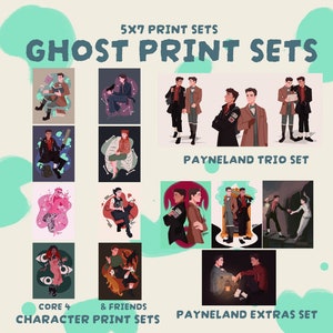 Könnte beinhalten: Ein Set mit 5x7 Zoll großen druckbaren Illustrationen mit Charakteren aus der "Ghost"-Serie. Die Illustrationen sind im Cartoon-Stil gehalten und zeigen eine Vielzahl von Charakteren, darunter ein Trio von Freunden und eine Gruppe von Statisten. Der Text "Payneland Trio Set" und "Payneland Extras Set" ist im Bild enthalten.