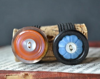 Vintage Button Rings - Black and Blue Flower Power and Iridescent Pink Grey Shell - Friendship Rings - Upcycled Buttons