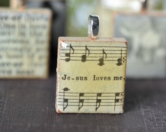 Jesus Loves Me - Scrabble Tile Pendant - Vintage Photo Pendant