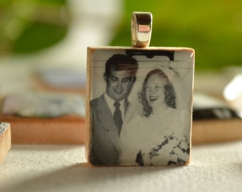 Wedding - Scrabble Tile Pendant - Black and White Photo - Bride and Groom