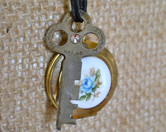 Key and Locket - Blue Rose Locket and Jeweled Key - Found Parts Jewelry - Unique Locket Pendant