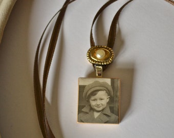 1920s Charming Cheeky Boy - Lovely Junk Necklace - Vintage Jewelry and Scrabble Photo Pendant