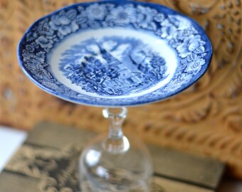 Vintage Blue Cupcake Stand, Swank Jewelry Dish, Cool Cookie Plate, Upcycled China