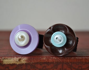 Vintage Button Rings Sky Blue Brown or Lilac Pearl -  Friendship Ring - Seamstress Style - Upcycled