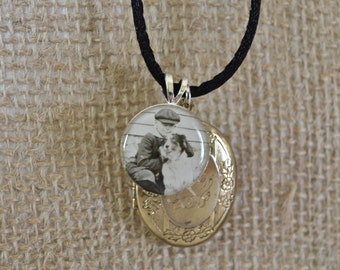 A Boy and His Dog - Lovely Junk Necklace - Engraved Locket and Vintage Photo Pendant - Dog Lover Jewelry - Rescue Dog Jewelry