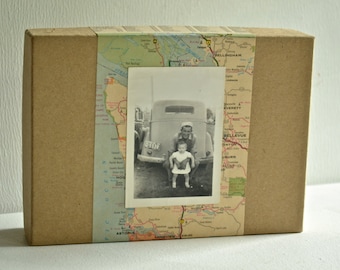 Dad and Baby Black and White Photo - Vintage Map Small Storage -  Studio Organization - Unique Gift Wrap