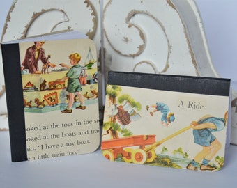 A Boy and His Wagon - Primer Mini Notebook Set of 2 - Teacher Gift - Altered Notebooks - Embellished Notebooks - Vintage Papers