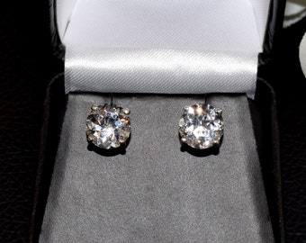 8mm White Topaz Stud Earrings: Sterling Silver, Diamond Cut