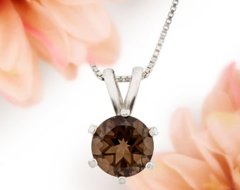 Smoky Quartz Sterling Silver Necklace, 7mm Round Brazilian Gemstone Pendant