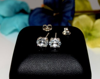 Natural Aquamarine Sterling Silver Stud Earrings, Brazilian Oval Gemstone