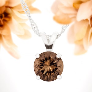 Authentic Brazilian Smoky Quartz Pendant Necklace! 8mm Round, Concave Cut, Grade AAA. Premium Sterling Silver, Pendant and Chain.