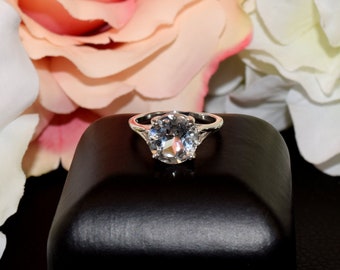 Handmade White Topaz Solitaire Ring: 10mm Diamond Cut, Sterling Silver