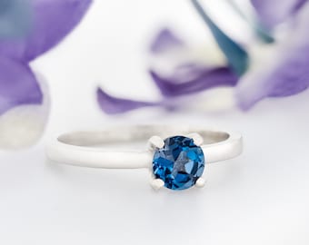 London Blue Topaz Ring - Round Sterling Silver Gemstone Jewelry