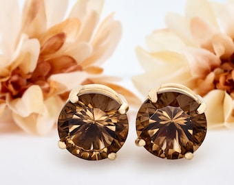 Smoky Quartz Earrings: 10kt or 14kt Yellow Gold, 8mm Round Concave Cut Gemstones