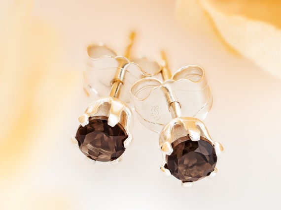 Smoky Quartz Earrings: 3mm Diamond Cut Sterling Silver Studs
