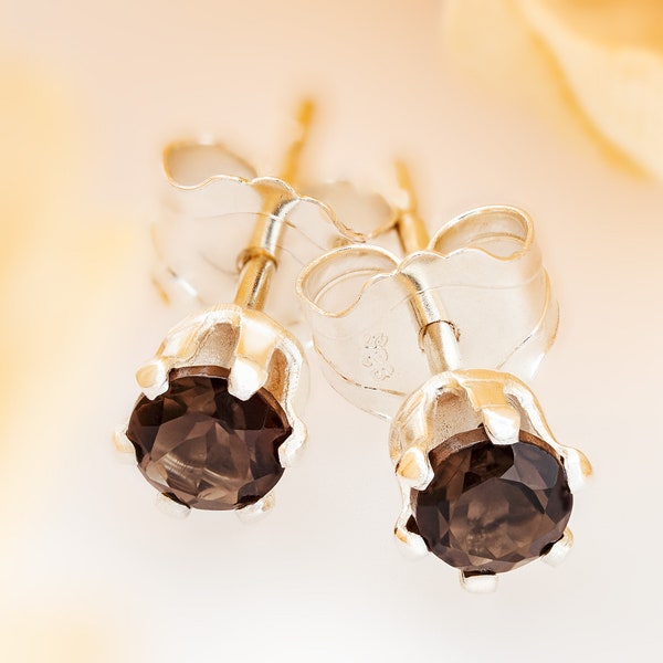 Natural Brazilian, Smoky Quartz Earrings - 3mm Diamond Cut. Beautiful Brown. Sterling Silver, 6-Prong Studs.  Backs+Case, Gift Box Optional.