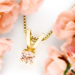 Sparkling Salmon to Pink Imperial Topaz Pendant Necklace. 3.5mm round authentic Ouro Preto Brazilian Topaz. 14K Yellow Gold. Case, Gift Box