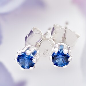 Velvety medium Blue Sapphire Earrings. 3mm round Chatham gemstones. 6-prong sterling silver studs. Backs+Case option.