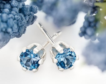 London Blue Topaz Earrings: 3mm Sterling Silver Studs