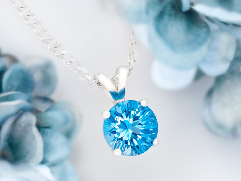 Vivid Natural Swiss Blue shops Topaz pendant from Brazil. Handmade Premium silver pendant. 8mm round gemstone. 2.2+ctw. Chain options.