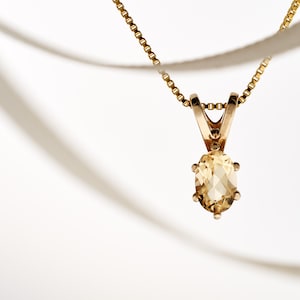 Precious Golden Yellow Topaz Pendant Necklace. 6x4mm Oval authentic Ouro Preto Topaz from Brazil. 14K Yellow Gold pendant. Case, Gift Box.