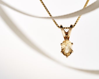 Precious Golden Yellow Topaz Pendant Necklace. 6x4mm Oval authentic Ouro Preto Topaz from Brazil. 14K Yellow Gold pendant. Case, Gift Box.