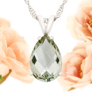 Gorgeous light sage green checkerboard prasiolite necklace! Large, natural, prasiolite from Brazil. 15x10mm pear, 5ctw. Select chain.