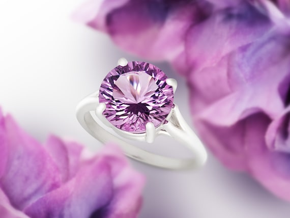 Brazilian Amethyst Concave Cut Ring, Sterling Silver, 10mm Round 