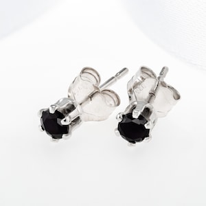 Black on Silver!  Natural, Black Onyx Studs.  3mm Sterling Silver Settings.  Optional Case + Gift Box, bullet, hypoallergenic backs.