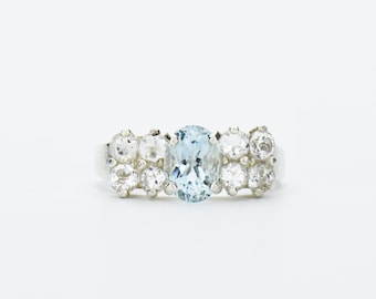 Handmade Brazilian Aquamarine Ring with White Topaz Accents, Sterling Silver, US Size 7