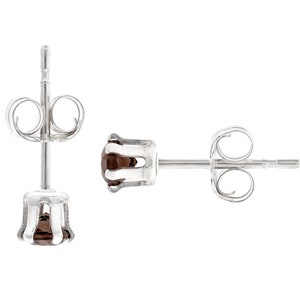 May include: A pair of silver stud earrings with a dark brown gemstone in each. The earrings have a post and butterfly back.