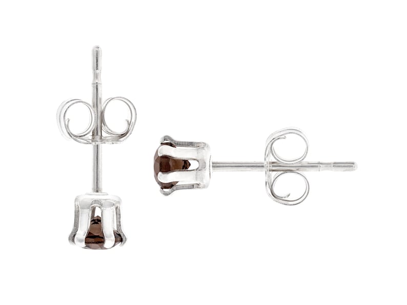 May include: A pair of silver stud earrings with a dark brown gemstone in each. The earrings have a post and butterfly back.