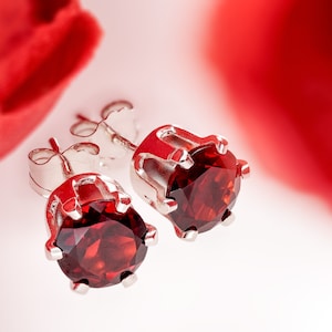 Striking Mozambique Garnet Earrings!  Dark Red, Natural, 6mm Round Cut.  Sterling Silver, 6-Prong Earrings, Optional Case and Backs.
