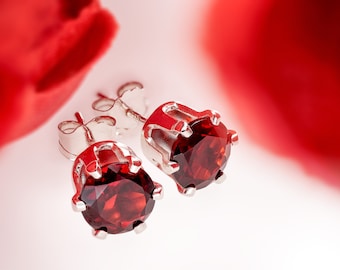 Mozambique Garnet Sterling Silver Earrings: Dark Red, 6mm Round Cut