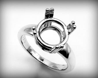 Sterling Silver Wide Band Round Double Prong Ring Mount: 8-12mm Round Gemstone