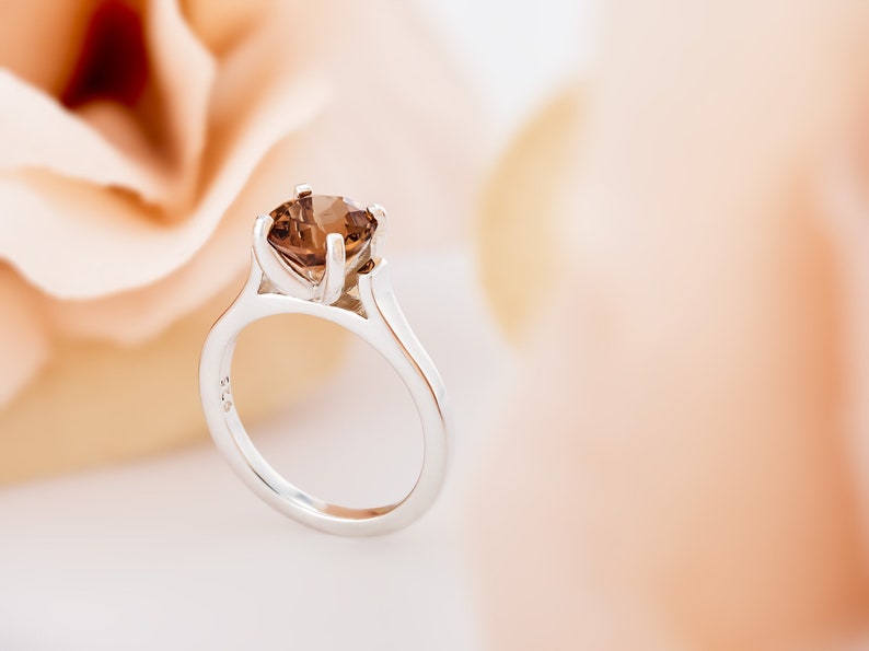 Silver Cathedral Style Solitaire Ring Round 8mm Brazilian Golden Yellow Orange VVS Champagne. Unique Natural Imperial Topaz