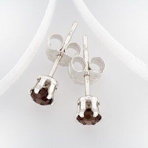 May include: A pair of silver stud earrings with brown gemstone accents.