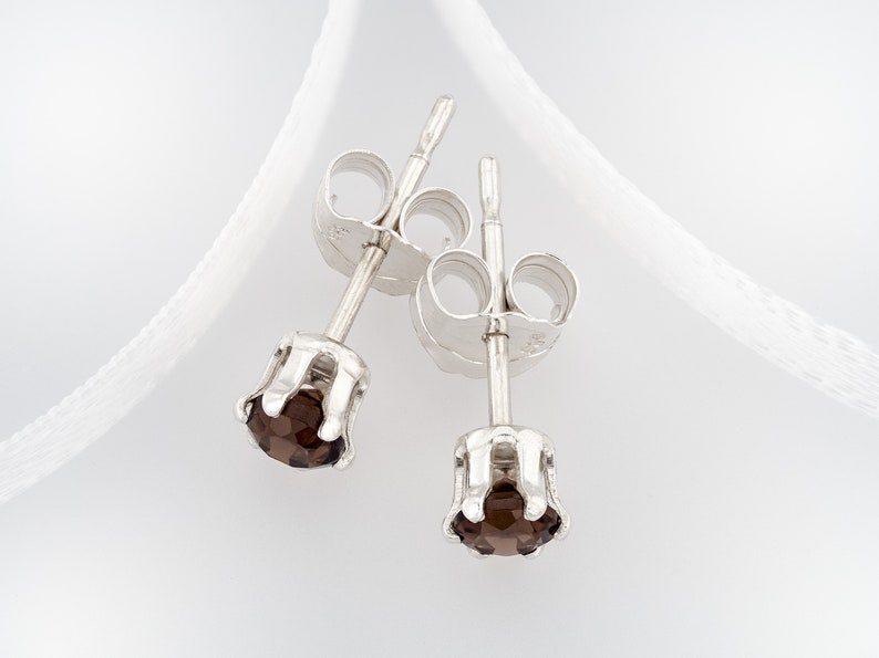 May include: A pair of silver stud earrings with brown gemstone accents.