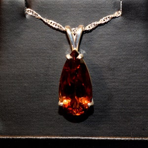 Rich Brazilian Autumn Imperial Topaz. 21x11mm, 12.24ctw, long pear faceted gemstone. Genuine topaz pendant necklace. Sterling silver pendant