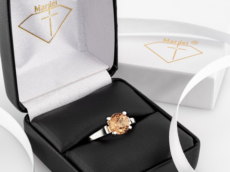 Silver Cathedral Style Solitaire Ring Round 8mm Brazilian Golden Yellow Orange VVS Champagne. Unique Natural Imperial Topaz