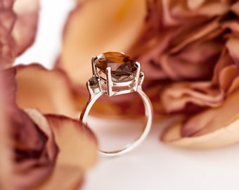 Oval Smoky Quartz Ring: Sterling Silver, Faceted Gemstone Accents