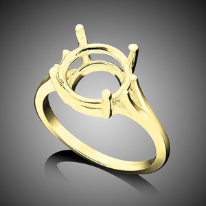Double Cathedral Ring Mount for Round Gem. 14K Yellow, White or Rose Gold - no plate or fill. 8-15mm, 4-prong tray, Polished Ring Mount