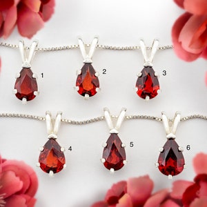 Genuine Brazilian Garnet. Select your exact gemstone pendant from list.  8x5.5mm pear shaped garnet necklaces.  Bold, moderate red on silver