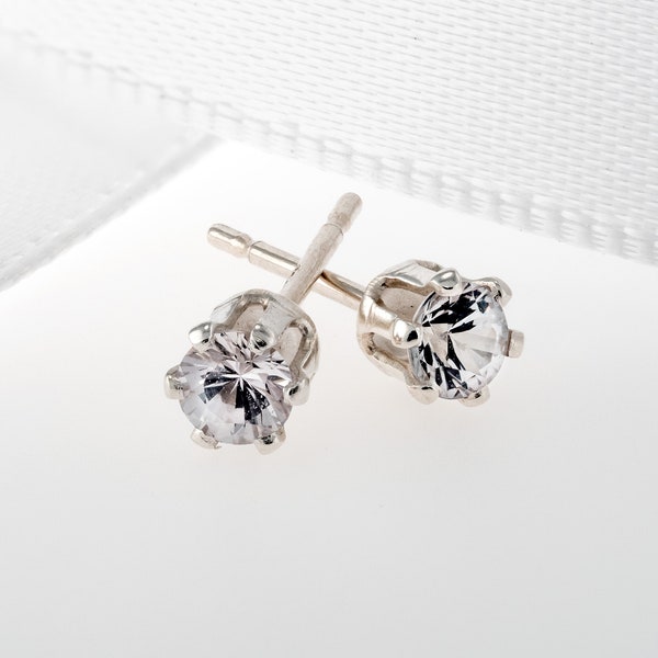 Amazing, Natural White Sapphire Earrings - 3mm Diamond Cut, Ceylon, Sri Lanka. Sterling Silver, 6-Prong Studs. Backs + Case, Gift Box Option