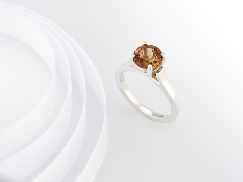 Silver Cathedral Style Solitaire Ring Round 8mm Brazilian Golden Yellow Orange VVS Champagne. Unique Natural Imperial Topaz