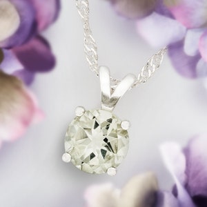 Greened Amethyst / Prasiolite Silver Pendant Necklace. Large, natural, 8mm Round, Faceted. Beautiful subtle Sage Green. Select Chain Size.