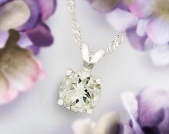 Prasiolite Silver Pendant Necklace: 8mm Round Sage Green Amethyst