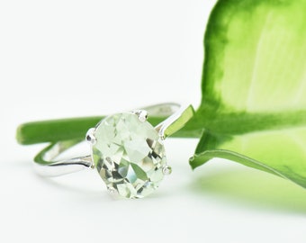 Natural Prasiolite Sterling Silver Ring: Light Green Oval Solitaire