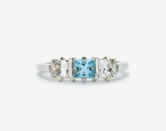 Swiss Blue and White Topaz Ring: Princess Cut Sterling Silver Band